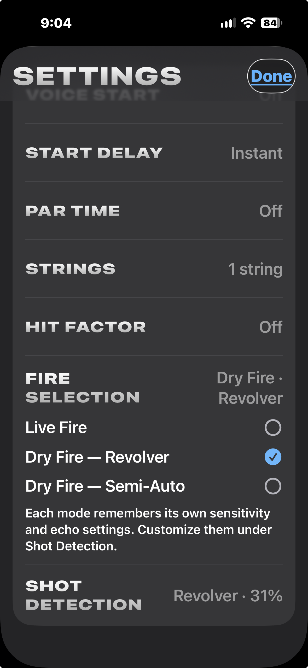 Fire Selection with all three modes and the instruction: Each mode remembers its own sensitivity and echo settings. Customize them under Shot Detection.
